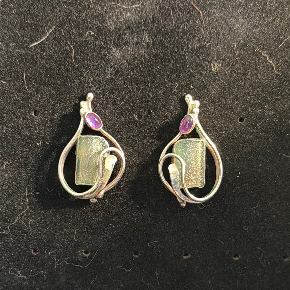 Artisan Sterling Silver Modernist Earrings w/ Raw Moonstone & Amethyst